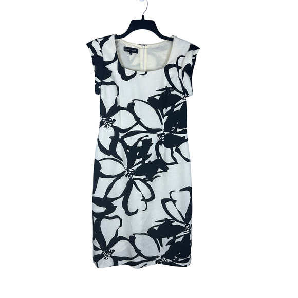 Jones New York Floral Black White Cuffed Sleeveless Sheath Dress Size 8‎ - Picture 1 of 7